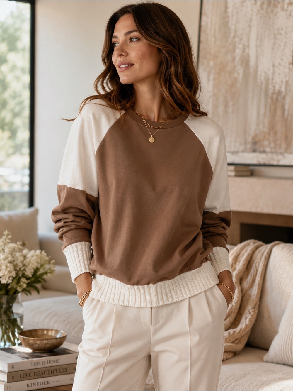SFIZIO Italy Color Block Sweatshirt Brown Ivory Knit Trim Women’s Size M